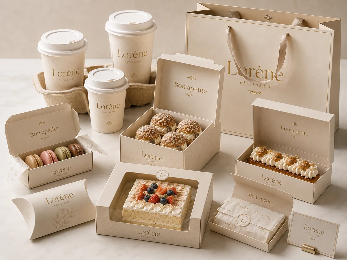 Packaging y productos Lorène en tonos crema y dorado